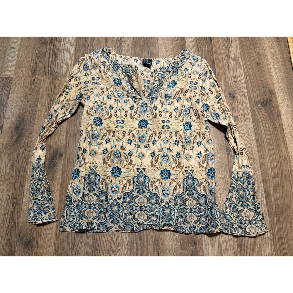 INC Blouse Women's Size 12 Petite Brown Blue Allover Print Long Sleeve V-neck